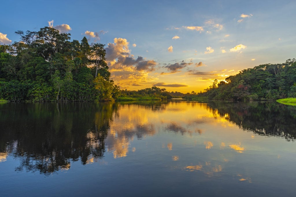 Reflection of a sunset by a lagoon inside the Amazon Rainforest Basin