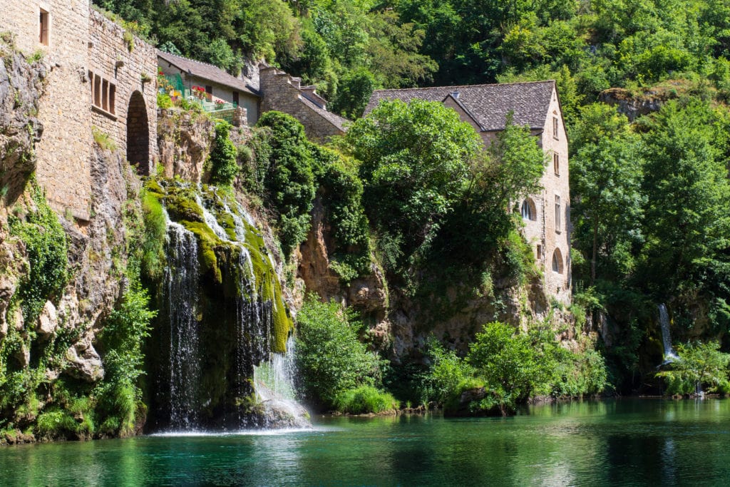 Saint-Chély-du-Tarn village and cascade, Sainte-Énimie, Lozère, France